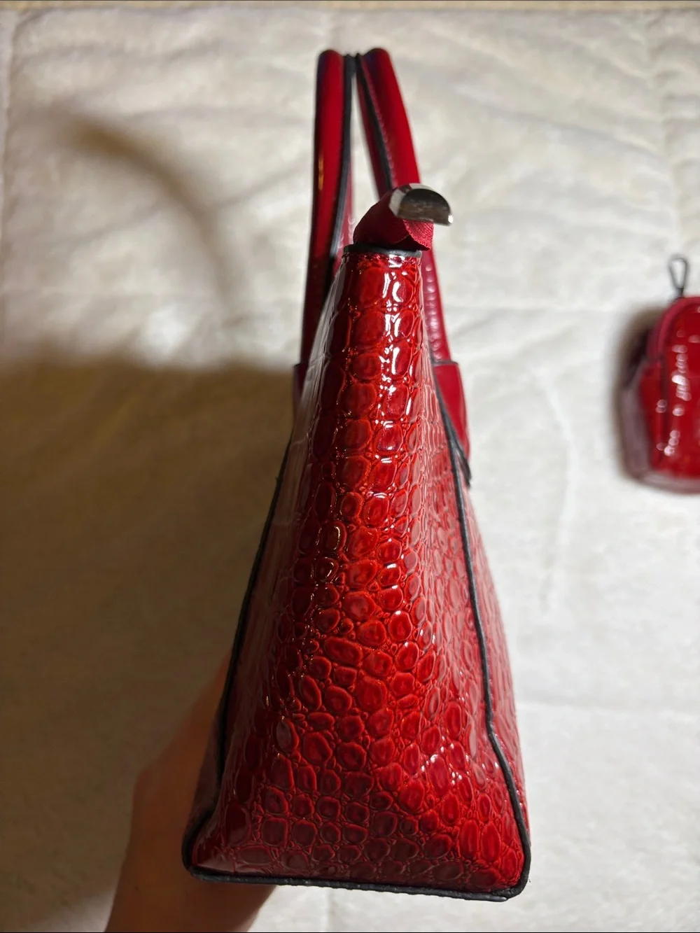 Red Croc-Embossed Bag with Matching Pouch